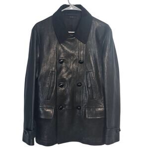 Tom Ford Lambskin Double Breasted Leather Peacoat Jacket Black Italian 48
